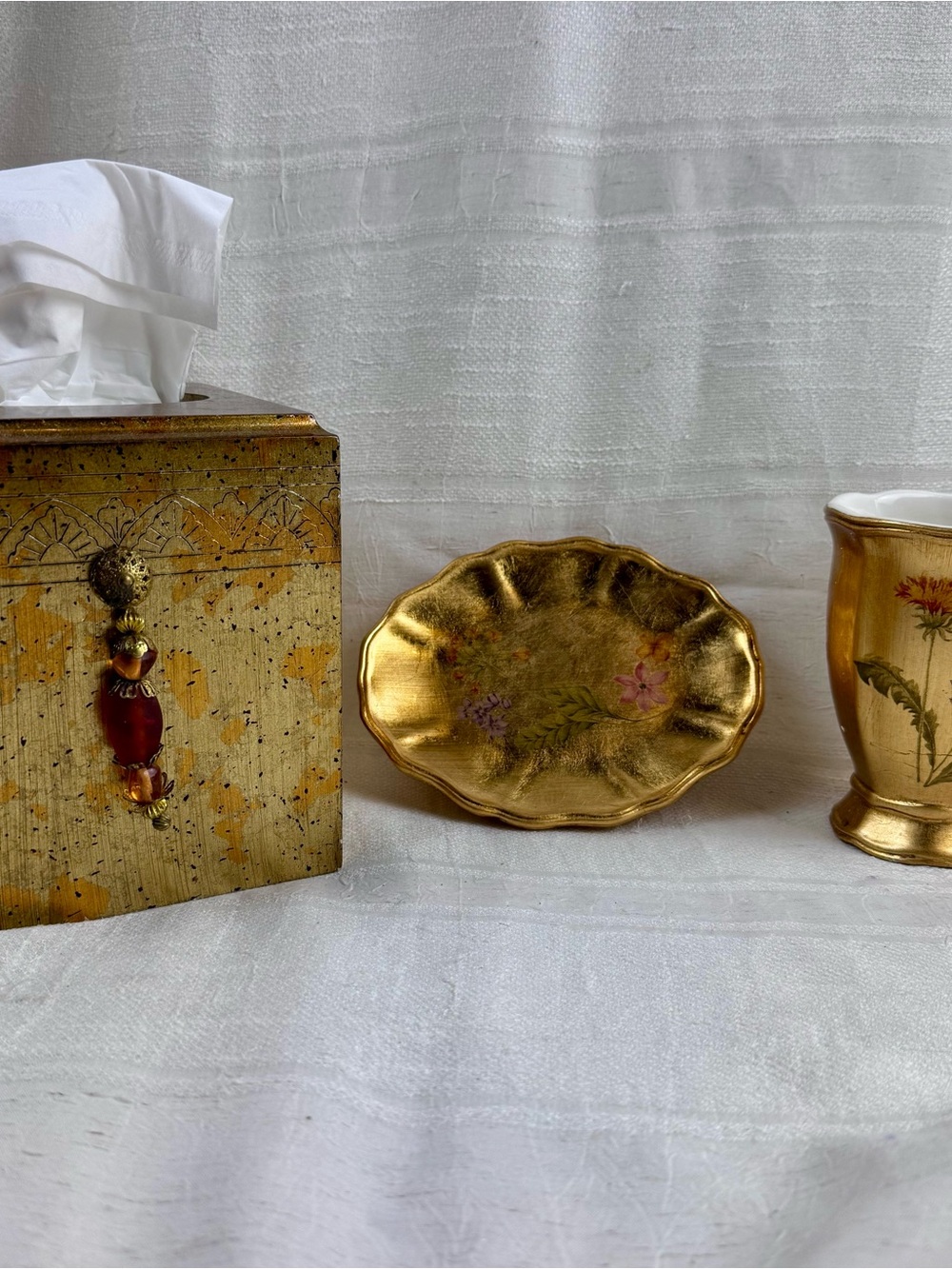 Vintage Croscill Home Fashions Gold Gilt Tissue Box Soap Dish Toothbrush Holder